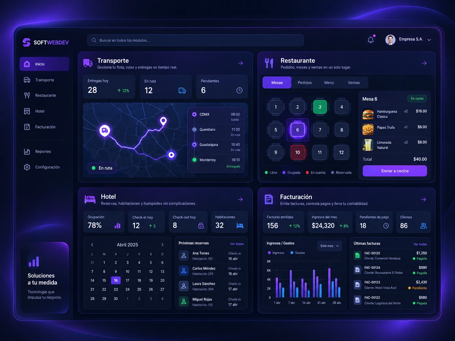 Dashboard de sistema de transporte y logística desarrollado por Softwebdev